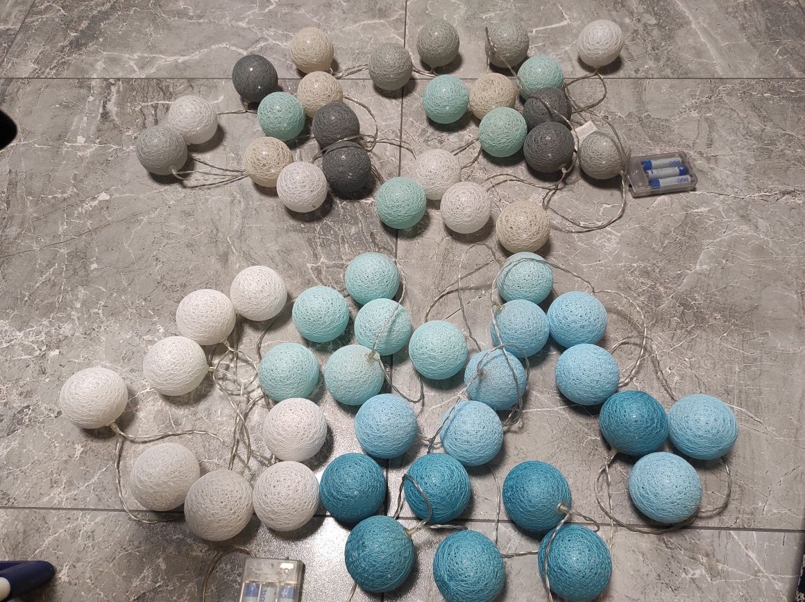 Lampki cotton balls 2 zestawy -30 oraz 25 sztuk błękitne, szare, białe