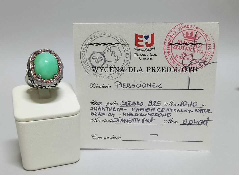 Biżuteria dawna, pierścionek, awenturyn, szafiry, diamenty, srebro 925