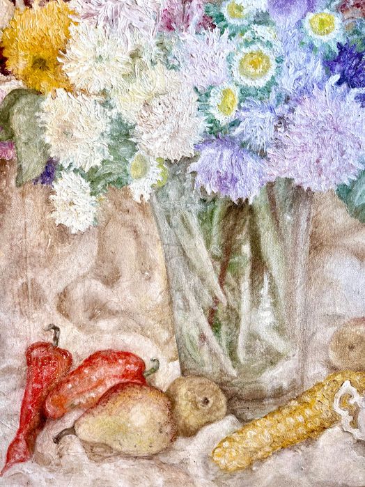 Stary obraz olejny pastelowe kwiaty martwa natura, duży.
