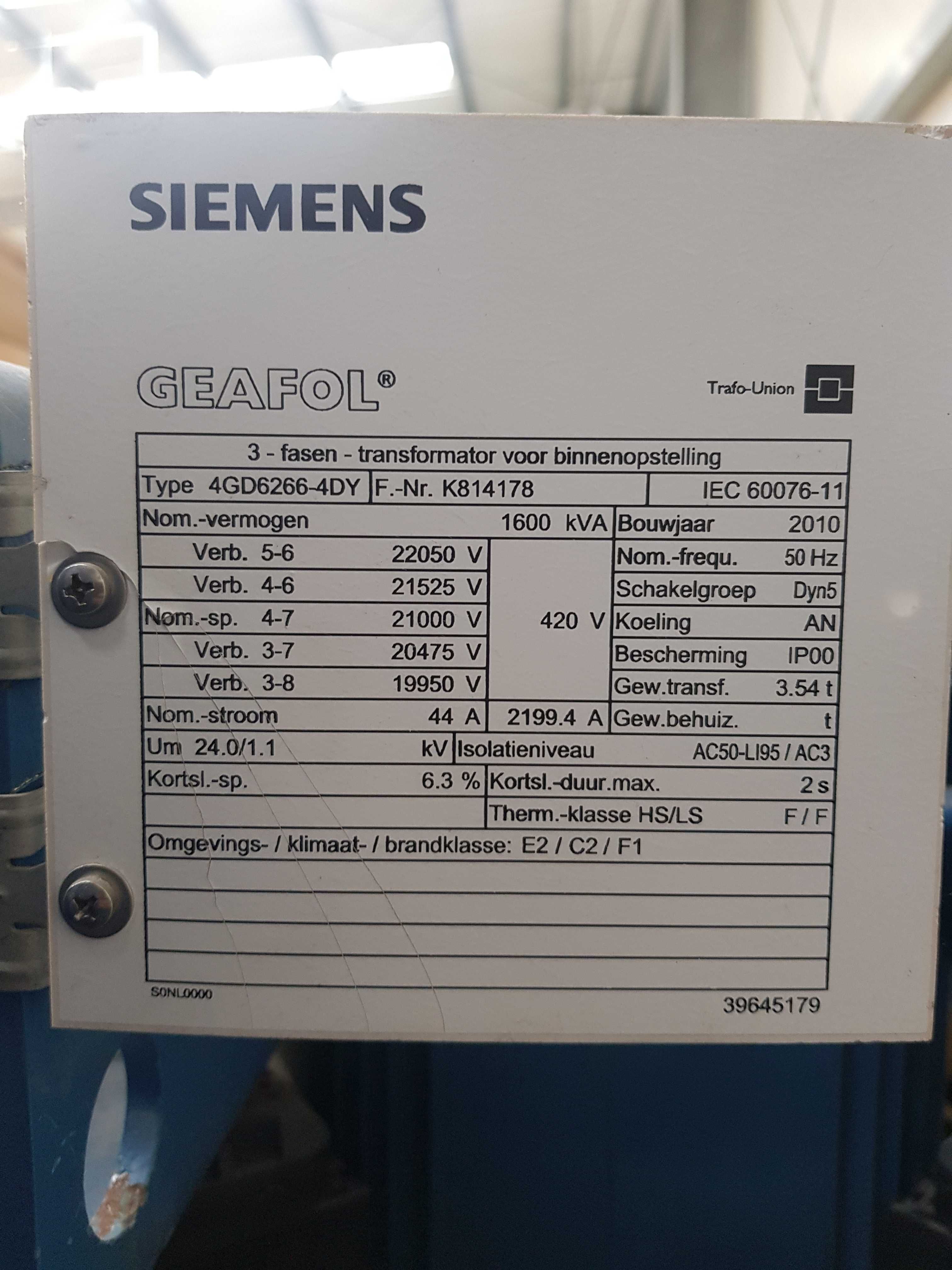 Transformator żywiczny 1600kVA 21/0,42