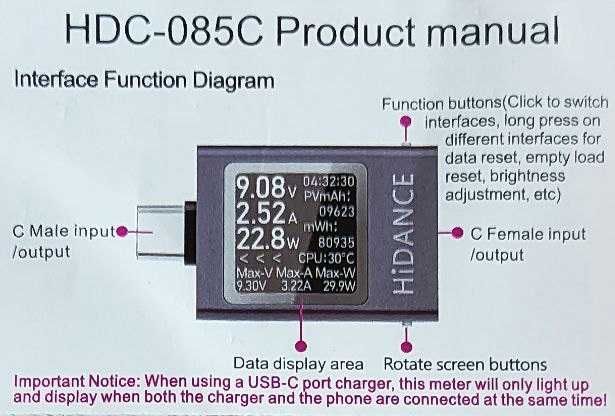 Przenośny miernik HDC-085C portu USB C z HD OLED PD3.1 QC3.0