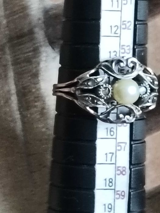 Anel Antigo Ouro Amarelo e Branco c/ Pérola e Zircões