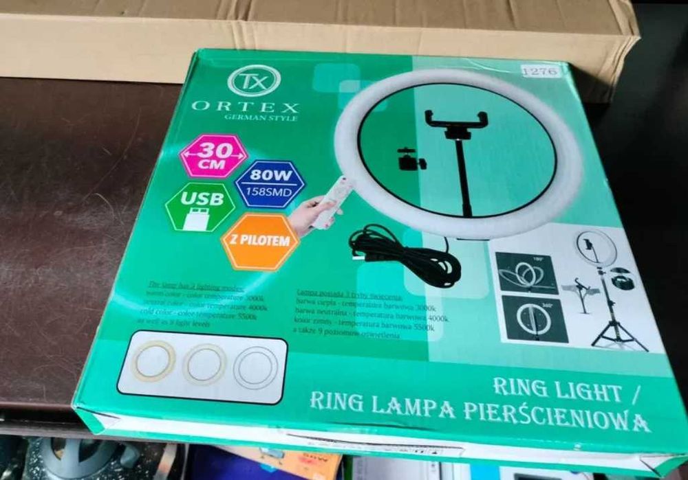 LAMPA PIERŚCIENIOWA led ring lampka selfie 3 barwy 30cm 80W statyw