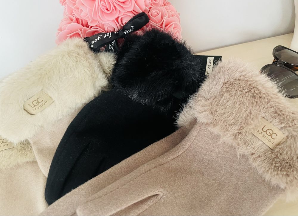 czarne damskie rękawiczki futerko nowe eleganckie stylowe ugc ciepłe