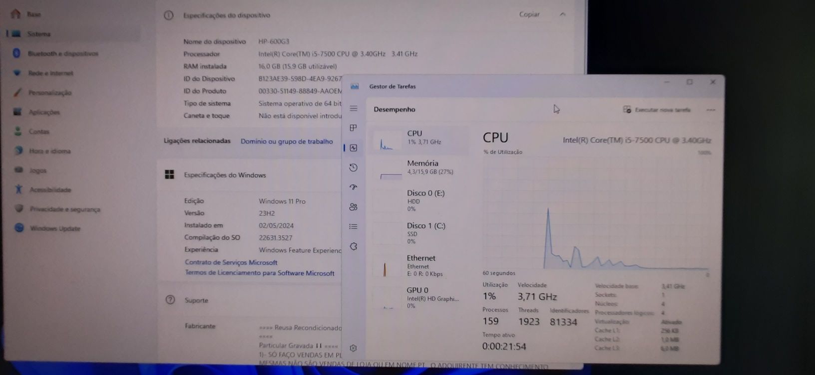 Pç HP 600G3 7ªG|i5.7500-3.4G|16G-Ram|NVMe256G+HD500G|VGA/DP|TPM2.0|W11