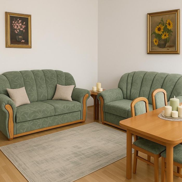 Komplet wypoczynkowy- 2 kanapy rozkładane, stół rozkładany i 4 krzesła