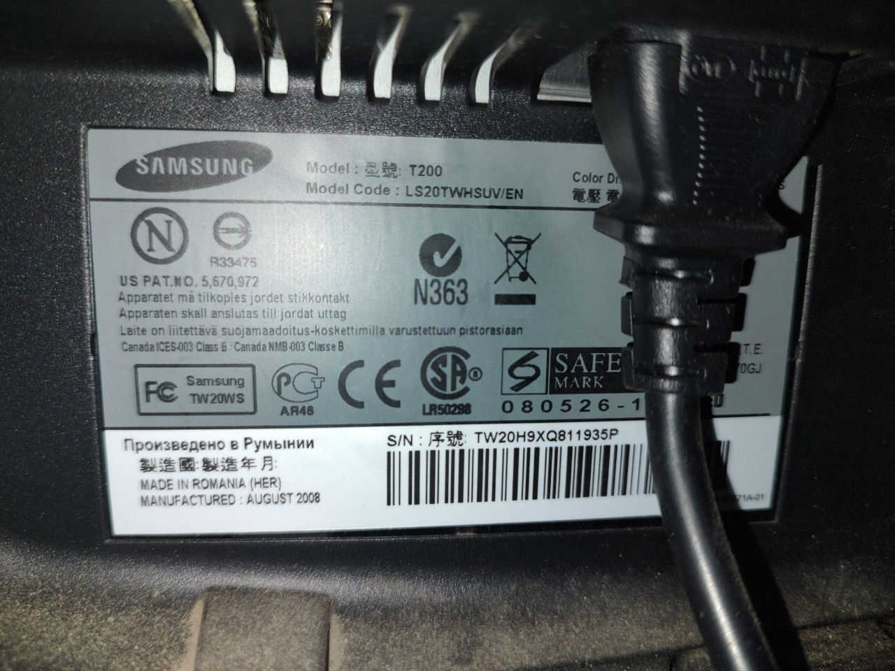 Монітор samsung t200 1680x1050 DVI VGA 20" в гарному стані