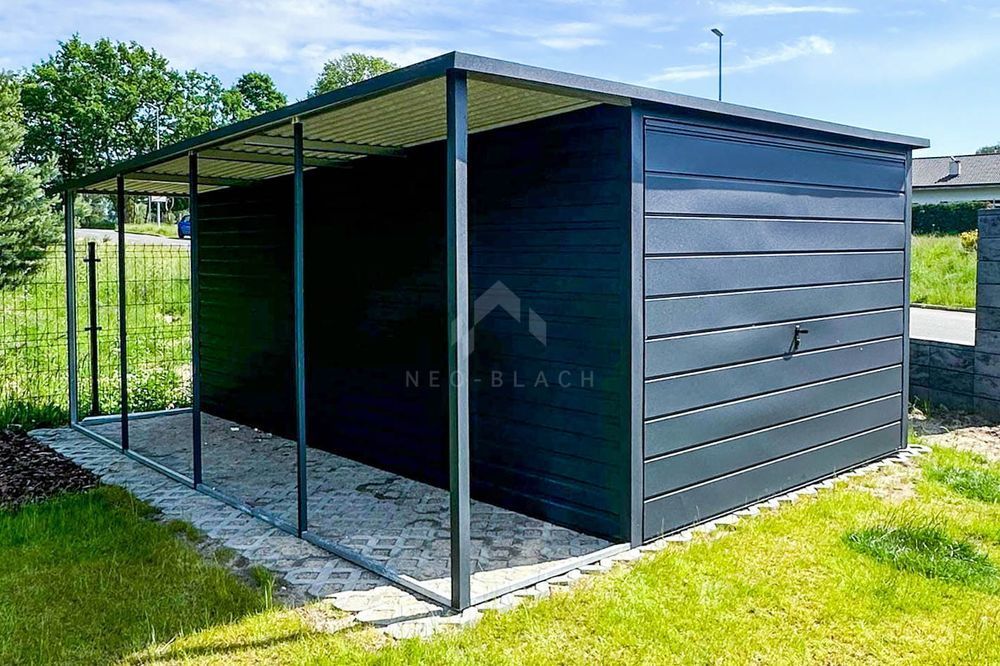 Garaż Blaszany 3X5M + Wiata 1X5M Brama Uchylna Antracyt Nb203