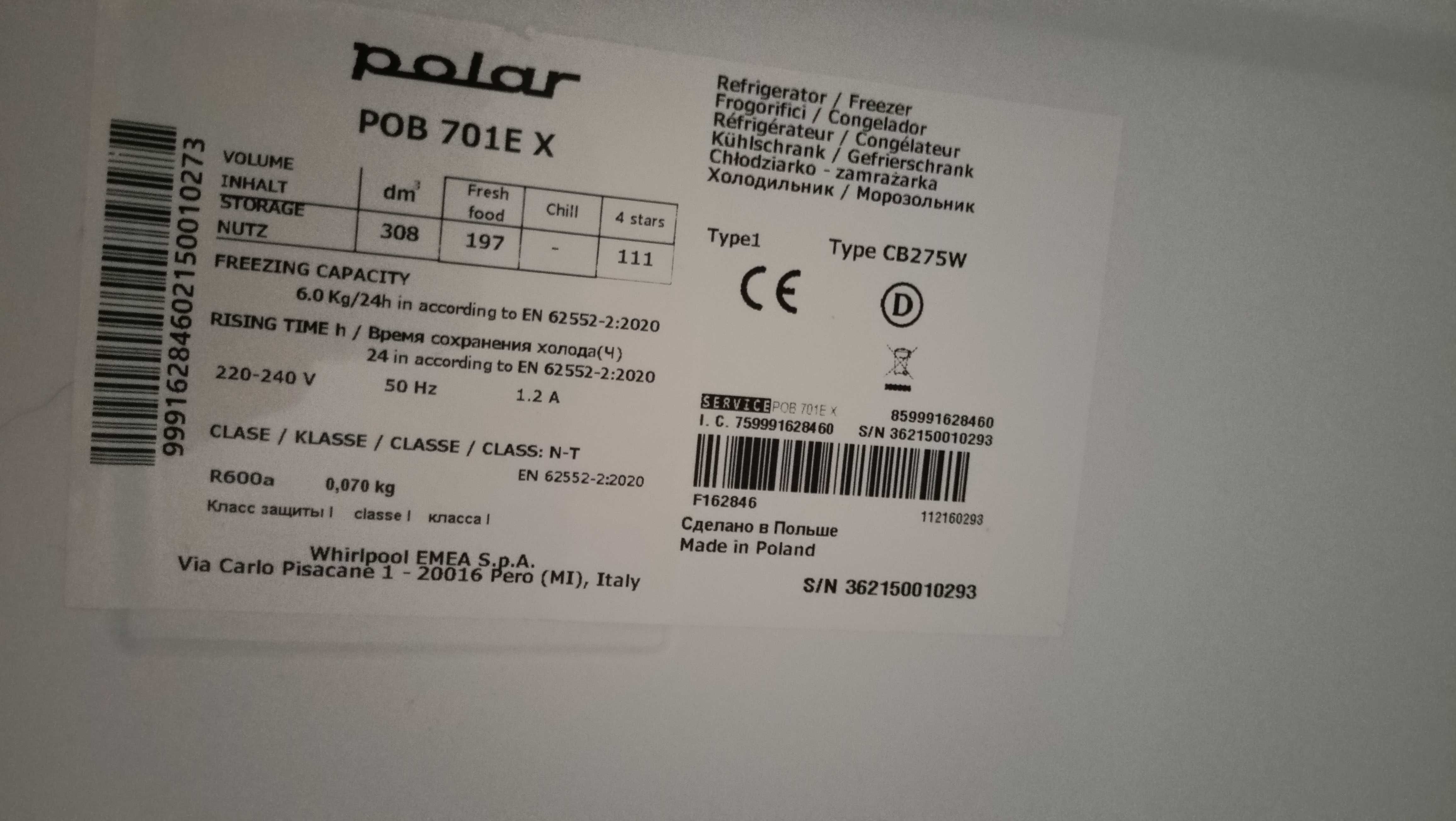 Lodówka POLAR POB 701E X