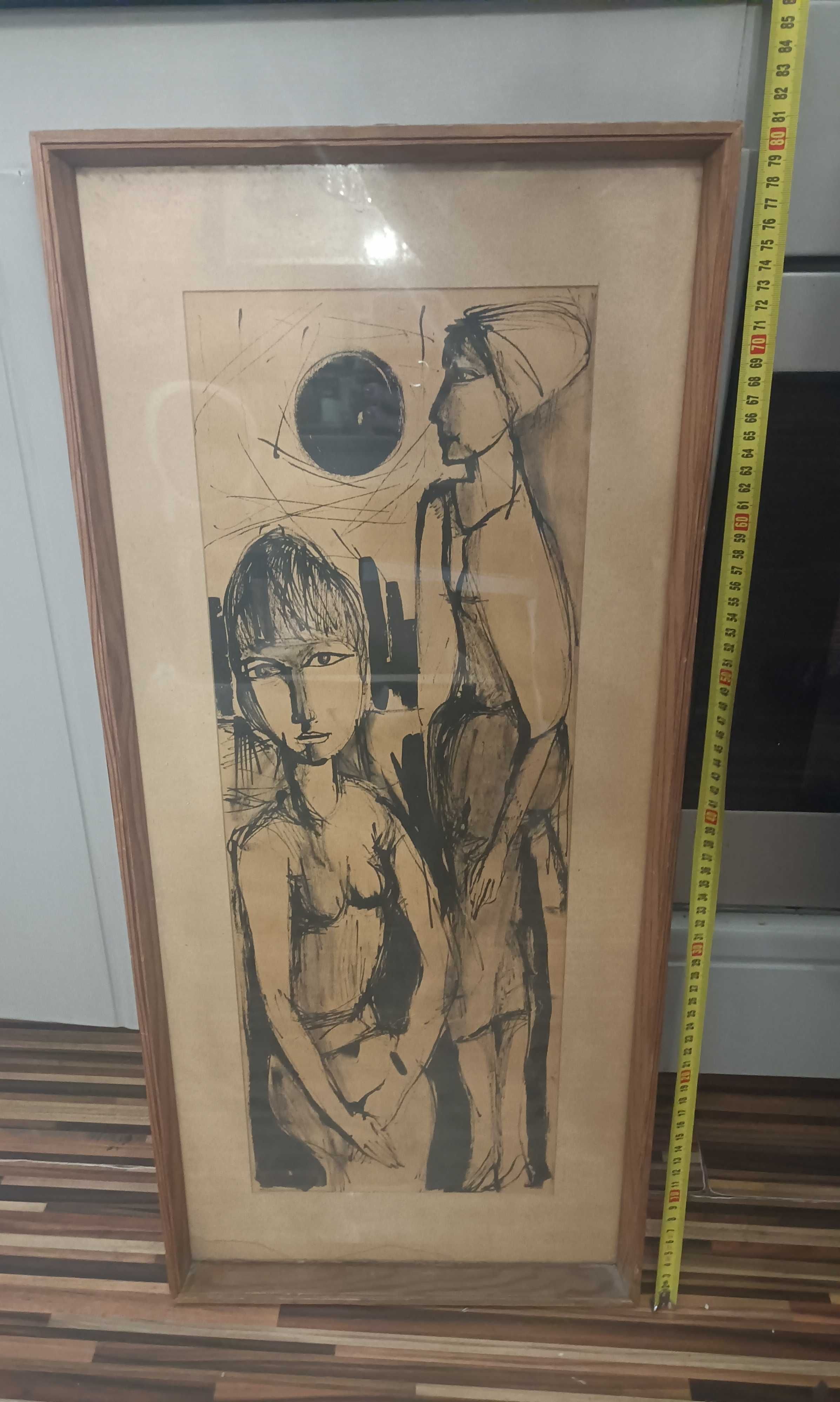 Piękny,stary obraz malowany węglem