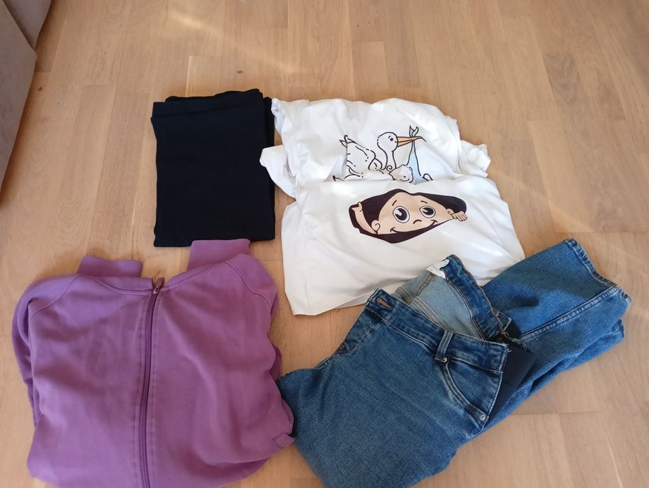 Paczka ubrań ciążowych XL jeansy hm ciążowe, spódnica granatowa, bluza