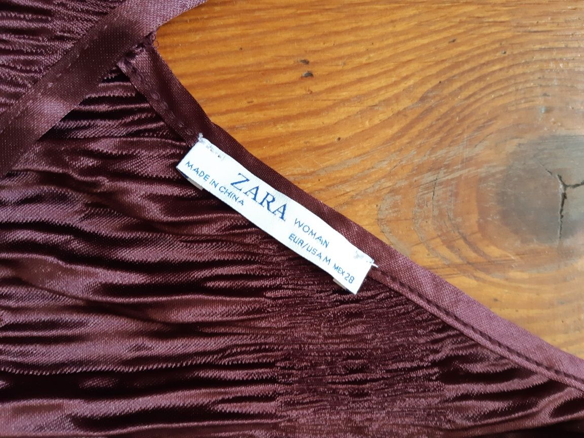 Bordowa fioletowa plisowana bluzka na ramiączka wiązana w pasie 38 M Z