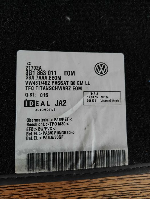 Dywaniki welurowe tył do VW