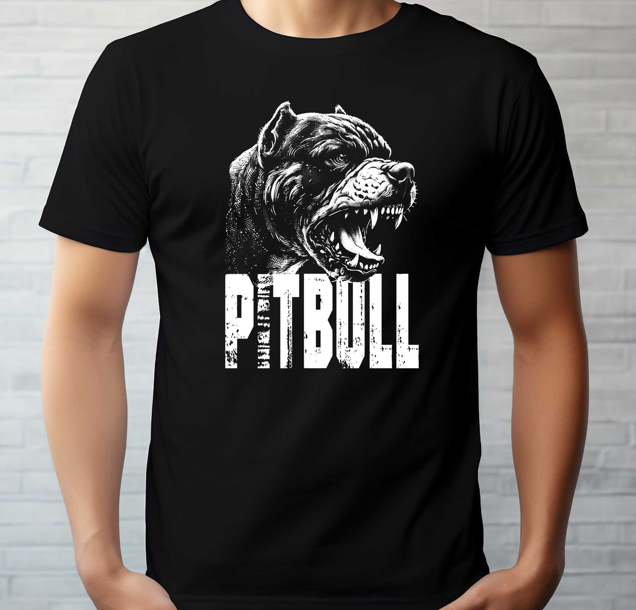 nowa czarna koszulka pitbull, koszulka z nadrukiem pies pitbull