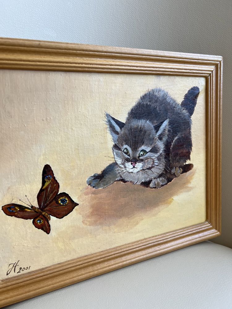 Картина "Грайливе кошеня" масло полотно кіт метелик весна