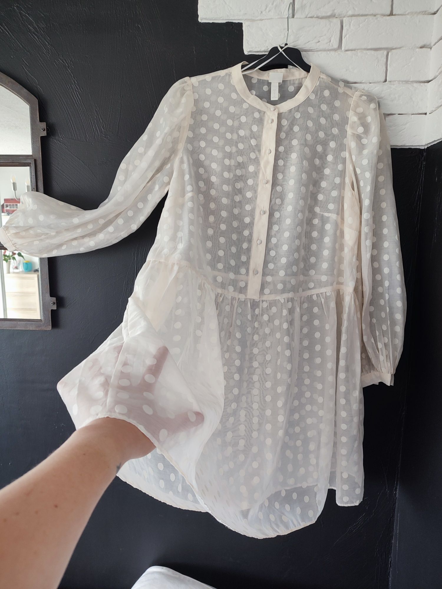 H&M sukienka mgiełka grochy bufki r. L oversize