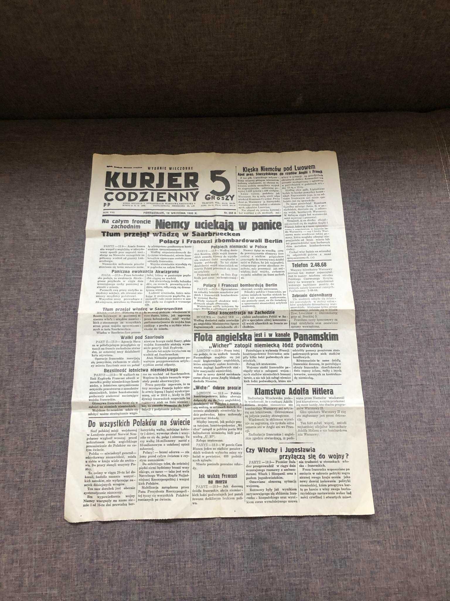 gazeta z czasów II wojny swiatowej 1939r kurier codzienny