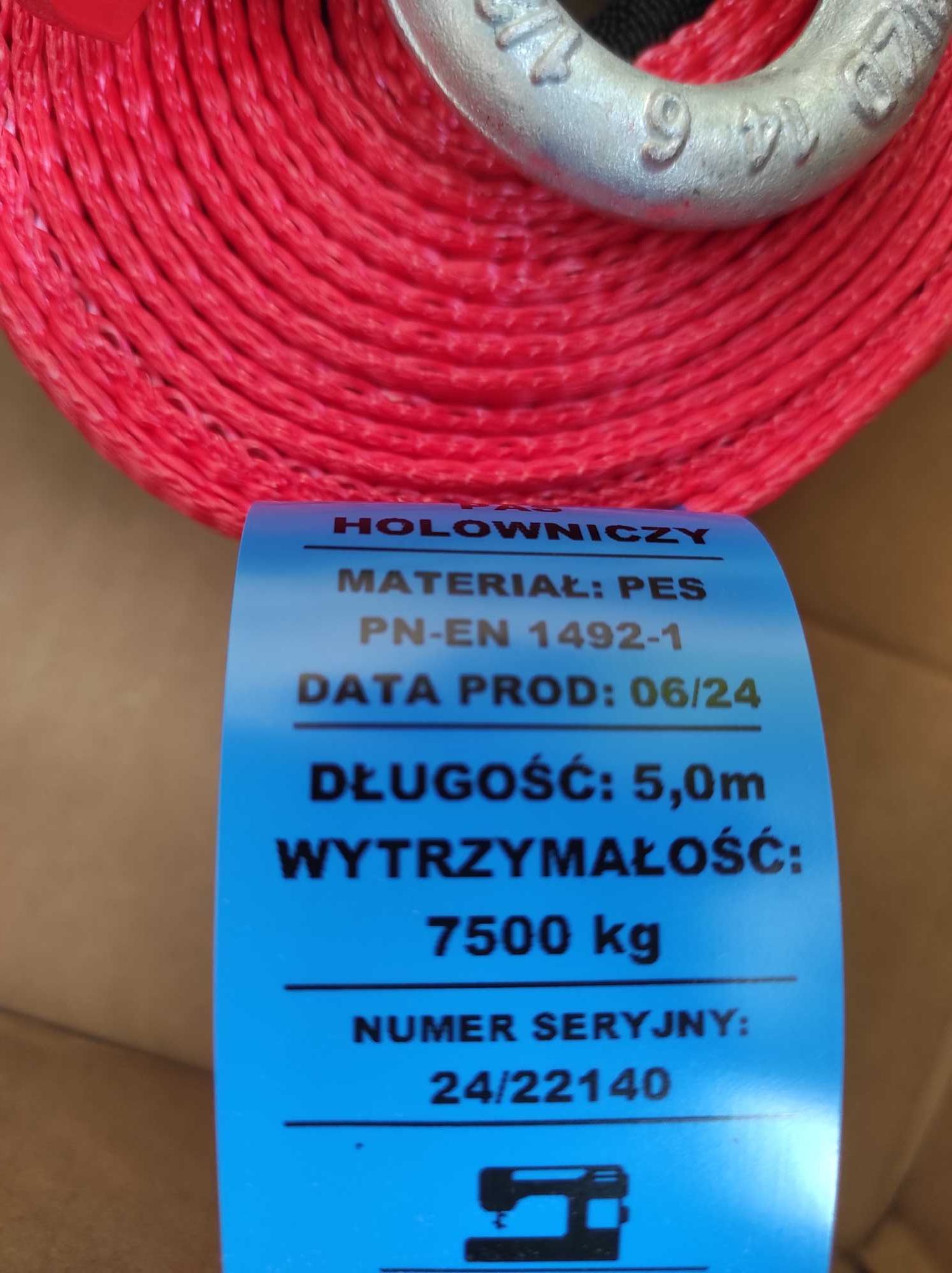 Pas + Uszy Linka 5 Metrów 7,5 TON Czerwony Super Jakość