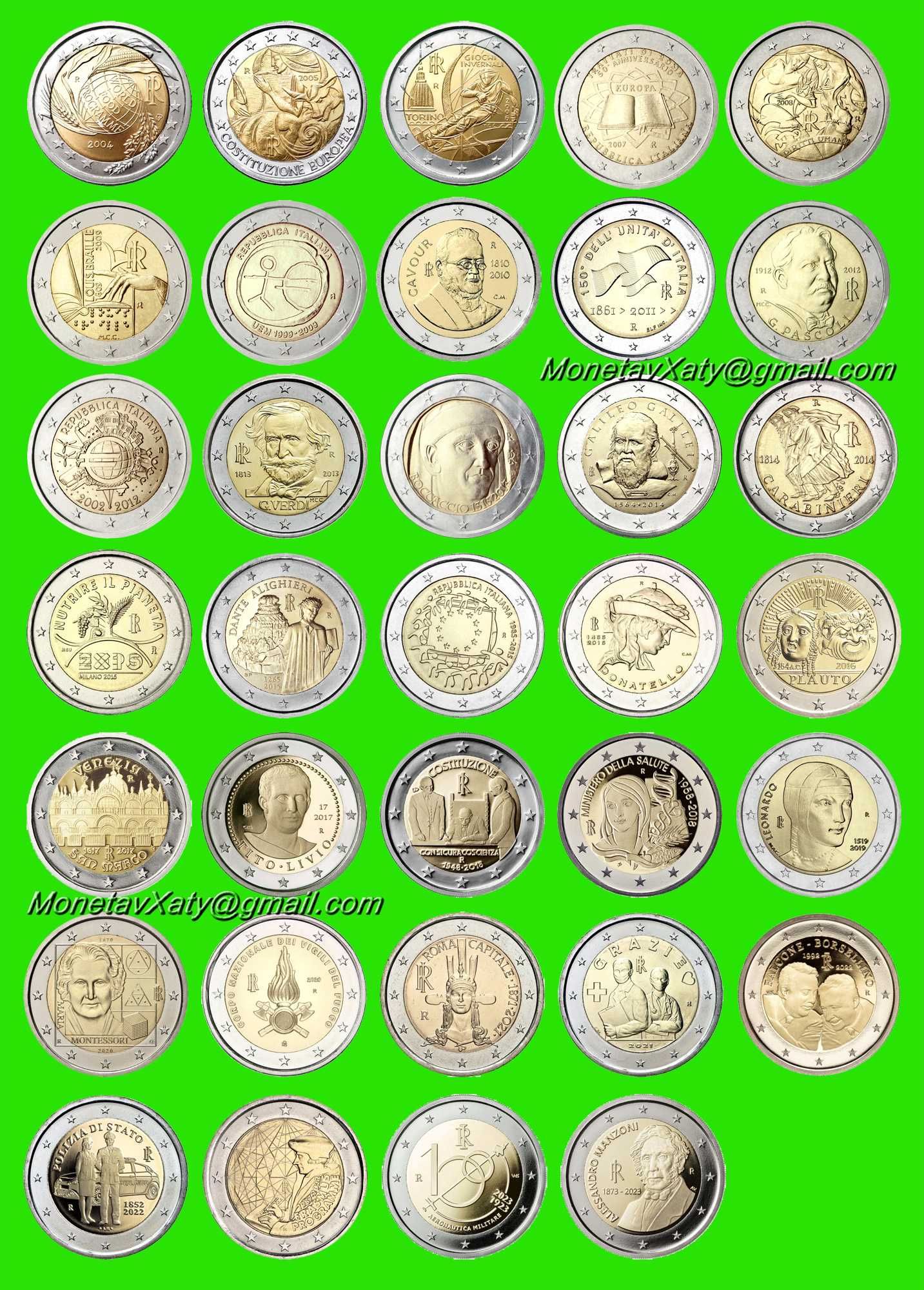 Монети Італії номіналом 2 євро 2004-2023 року: