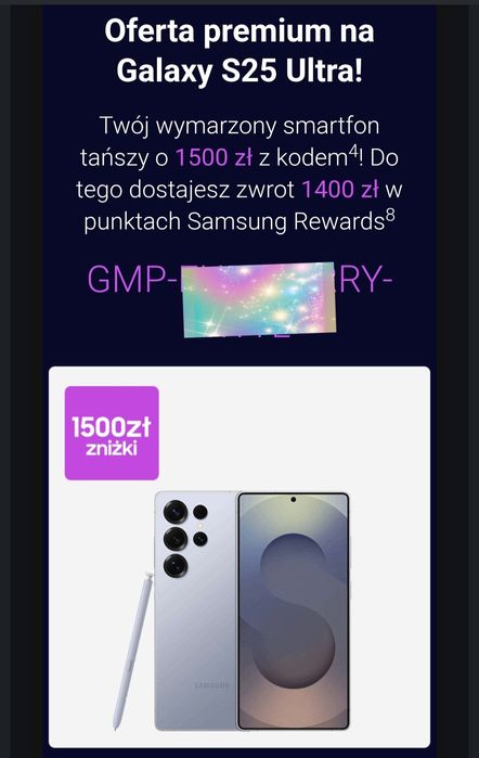 Sprzedam kod rabatowy na -1500zł na S25 Ultra w sklepie Samsung