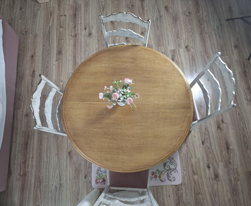Drewniany stół okrągły +4 krzesła białe w stylu ludwika shabby chic