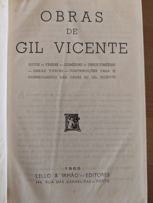 Obras Gil Vicente - Lello e Irmão "Biblia" 1965