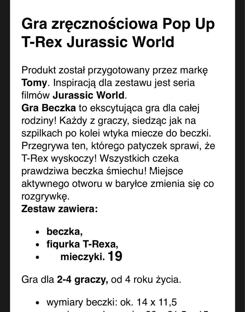 Gra zręcznościowa Pop Up T-Rex Jurassic World