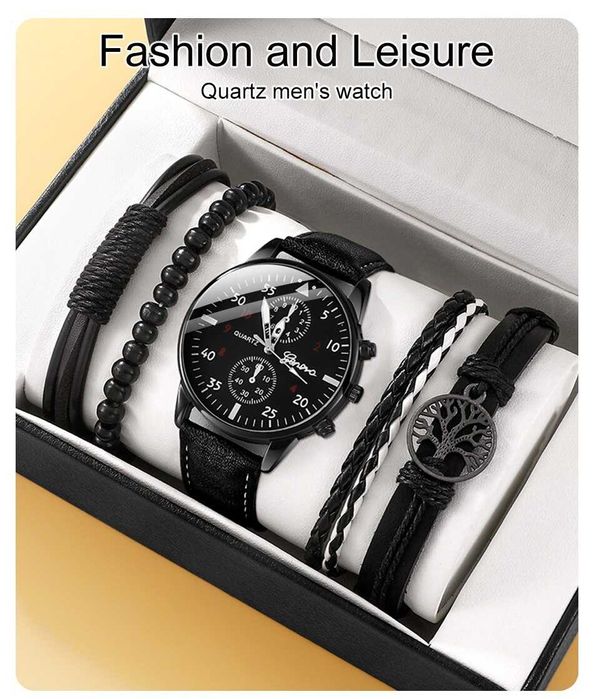 męski zegarek biznesowy luksusowy skórzany pasek plus bransoletki