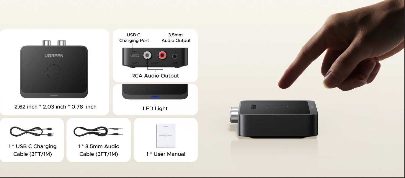 LDAC AAC SBC UGREEN AUX Bluetooth-приемник  Hi-Fi  Bluetooth 6,0