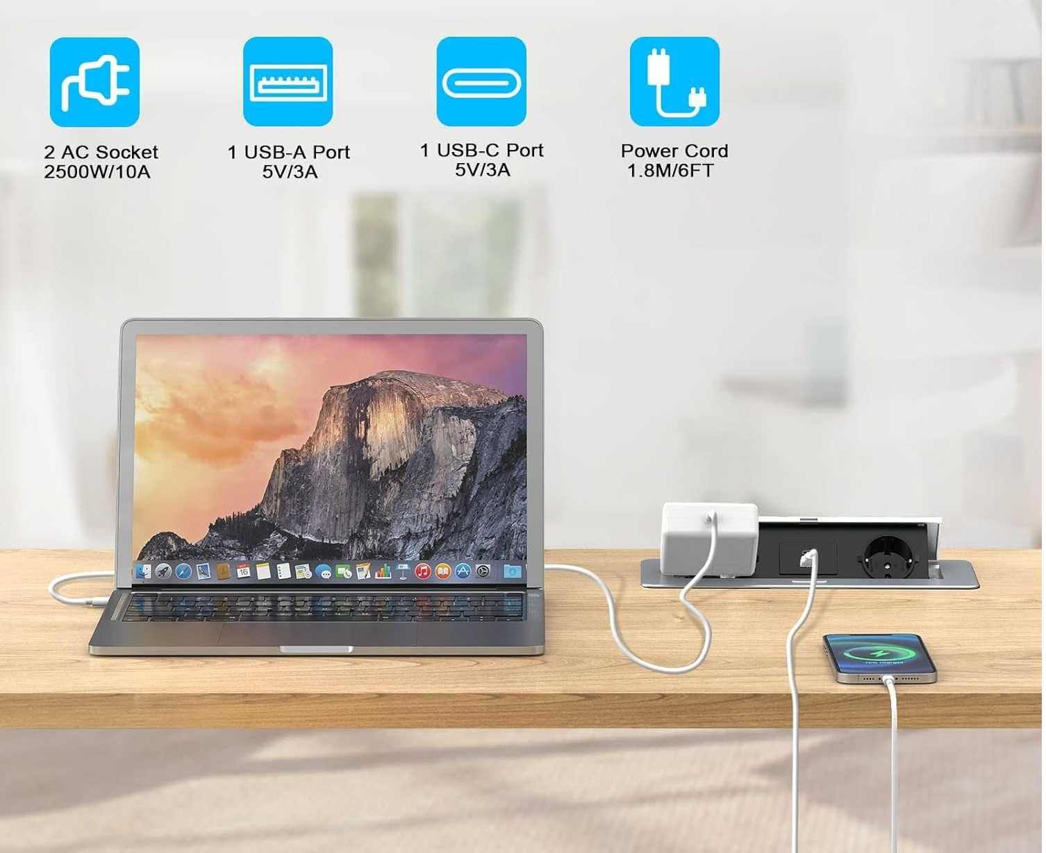 Gniazdko Stołowe do Zabudowy 2 Gniazda Wtykowe USB Blat SREBRNE