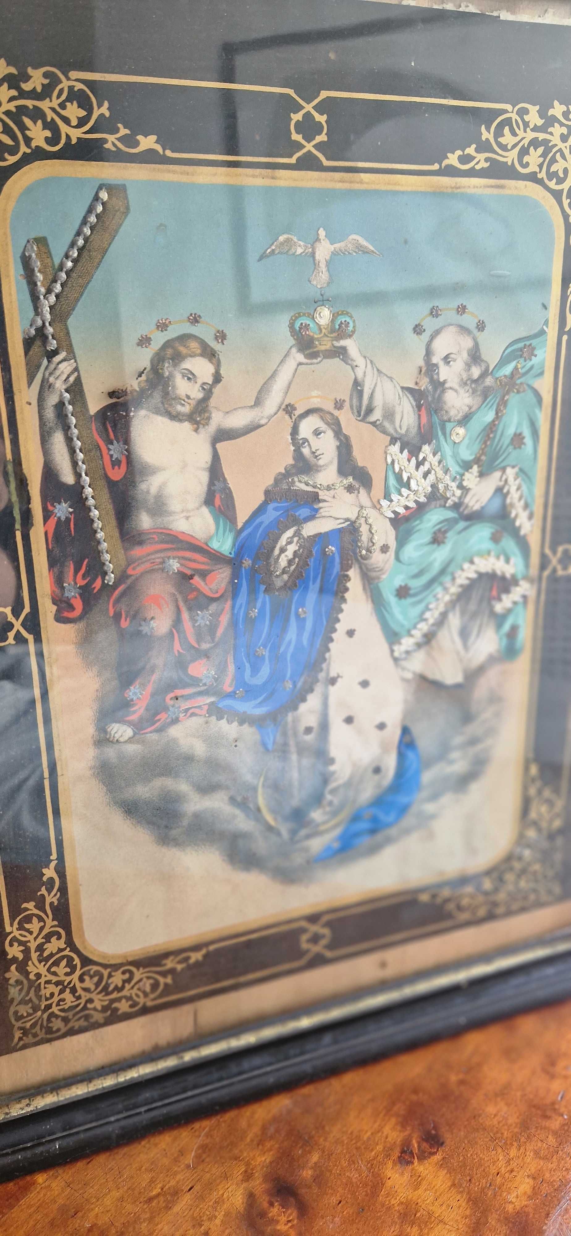 Antyk stary obraz sakralny dekor Ukoronowanie Najswietszej Maryi Panny