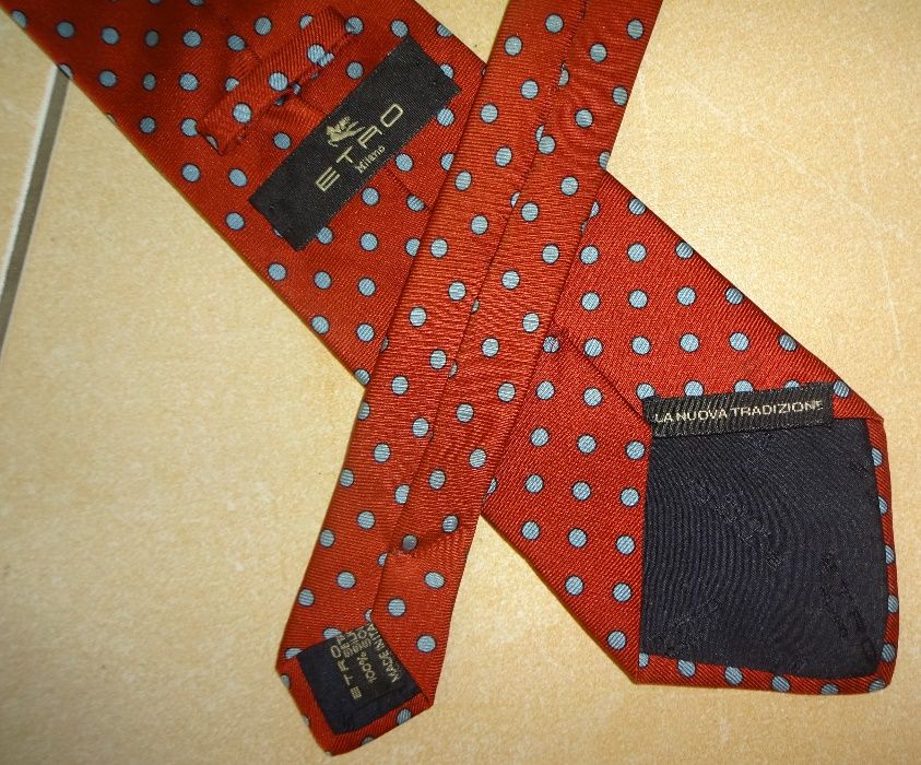 ETRO Milano - oryg. bordowy jedwabny krawat w niebieskie grochy SILK