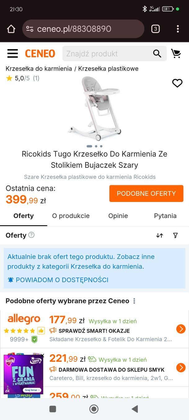 Ricokids Tugo Krzesełko Do Karmienia Ze Stolikiem Bujaczek Szare