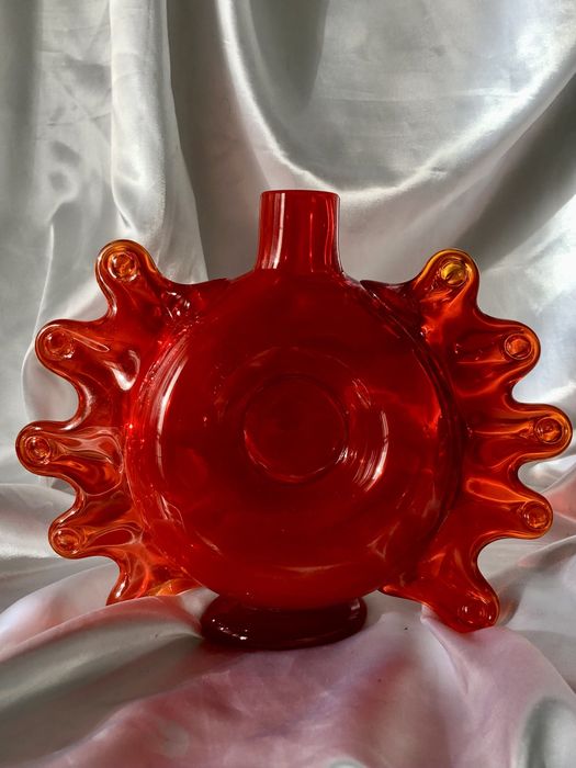 Czerwono-pomarańczowy wazon szklany, Słońce, handmade