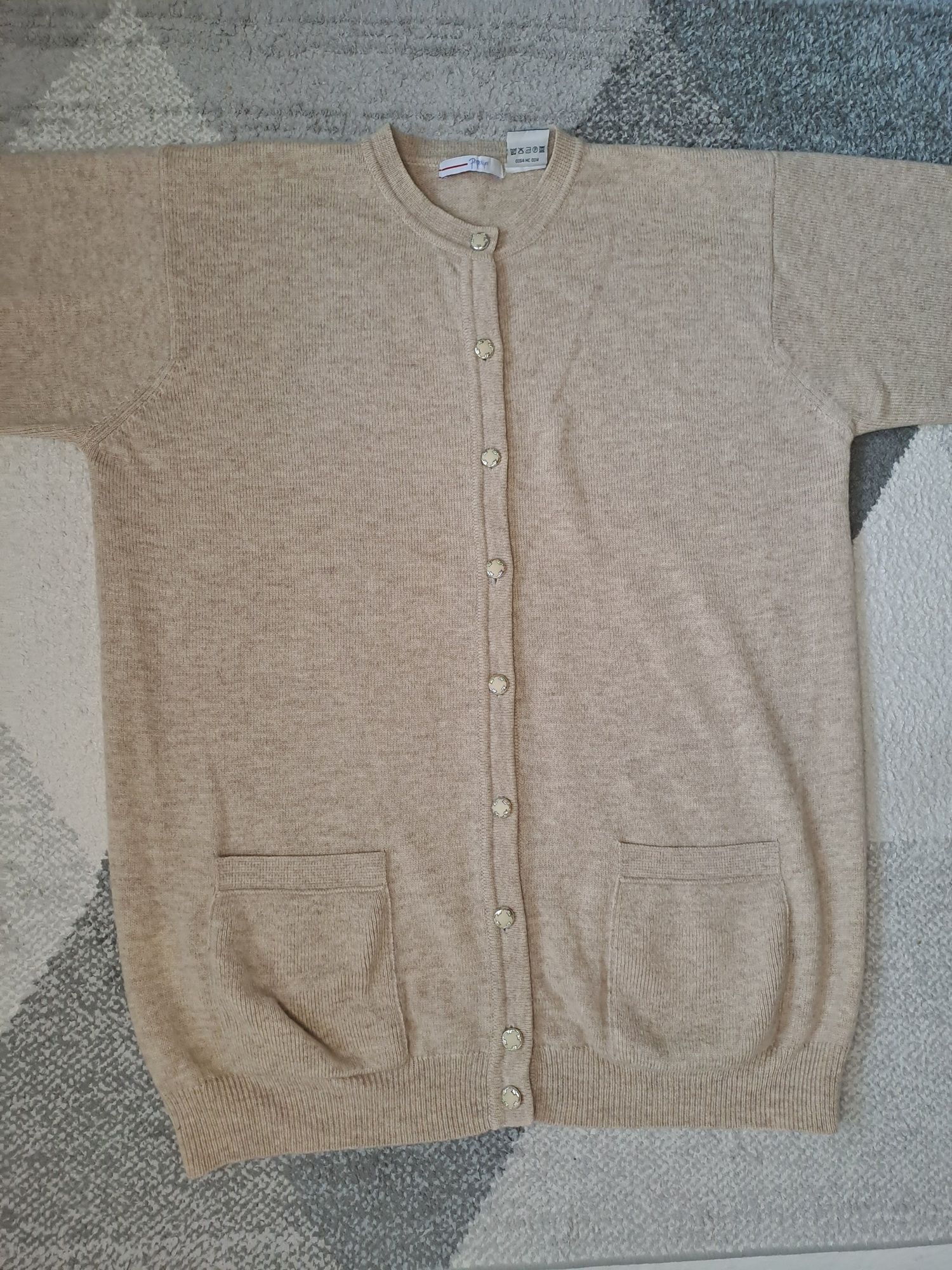 Beżowy sweter kardigan 100% wełny jagnięcej Papaya oversize XS, S, M