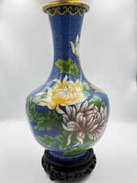 Wazon emalia cloisonne z podstawką chiński kwiaty niebieski