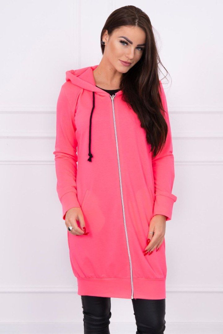 Bluza sukienkowa różowy neon z kapturem i zamkiem | Długa | UNI