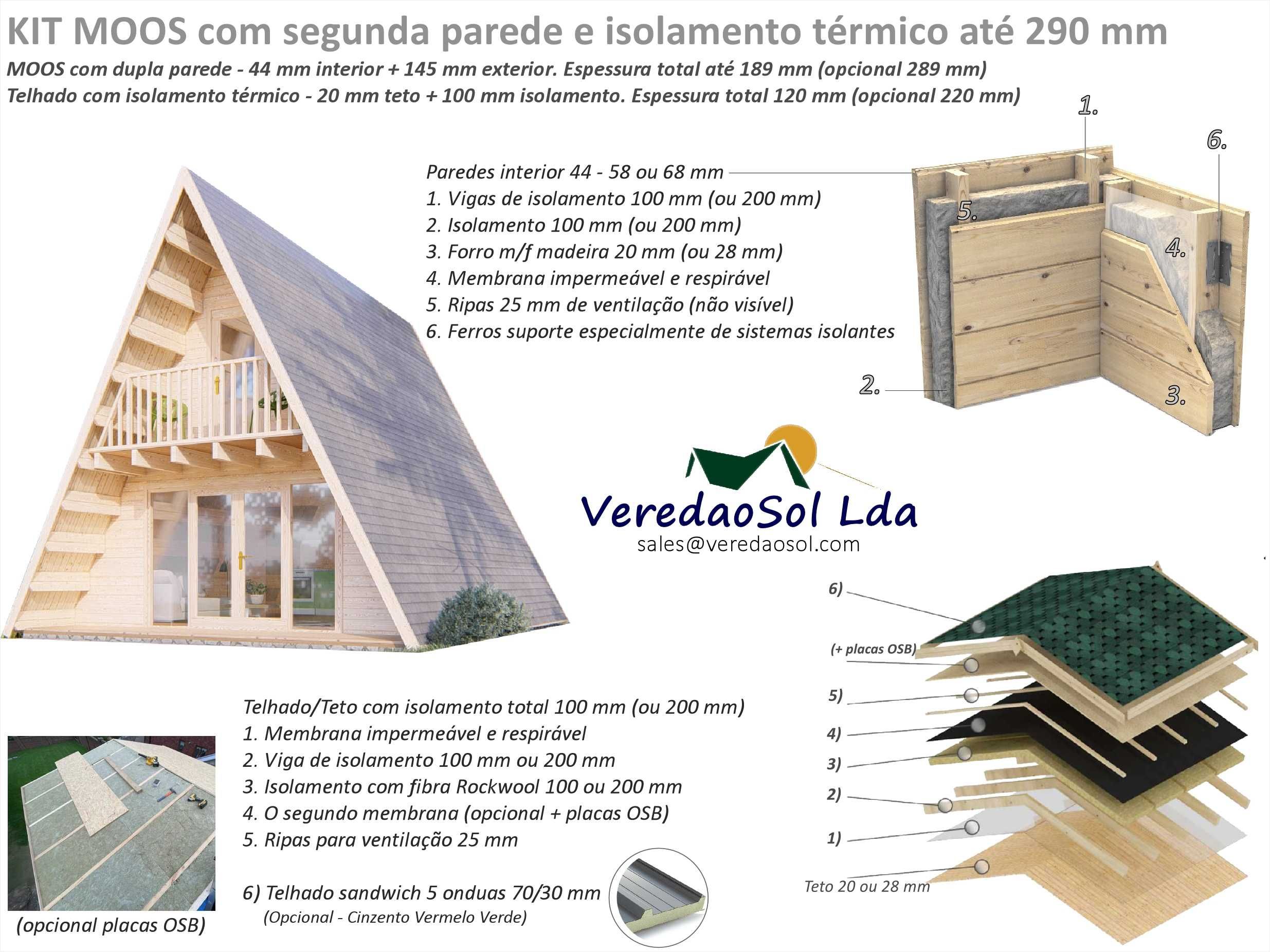 Casa madeira KIT MOOS T2 / Gizeh3 52m² - Telhado 97 m² - Pré fabricada