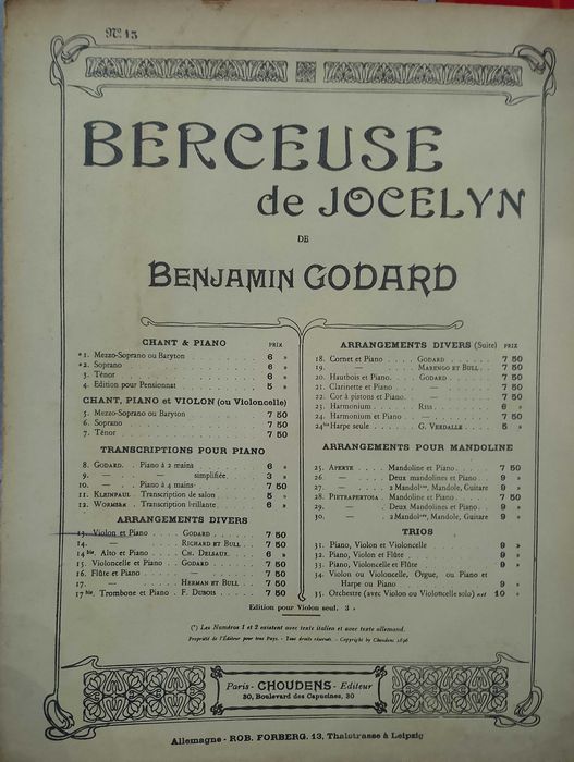 Partitura: Berceuse de Jocelyn - Benjamin Godard