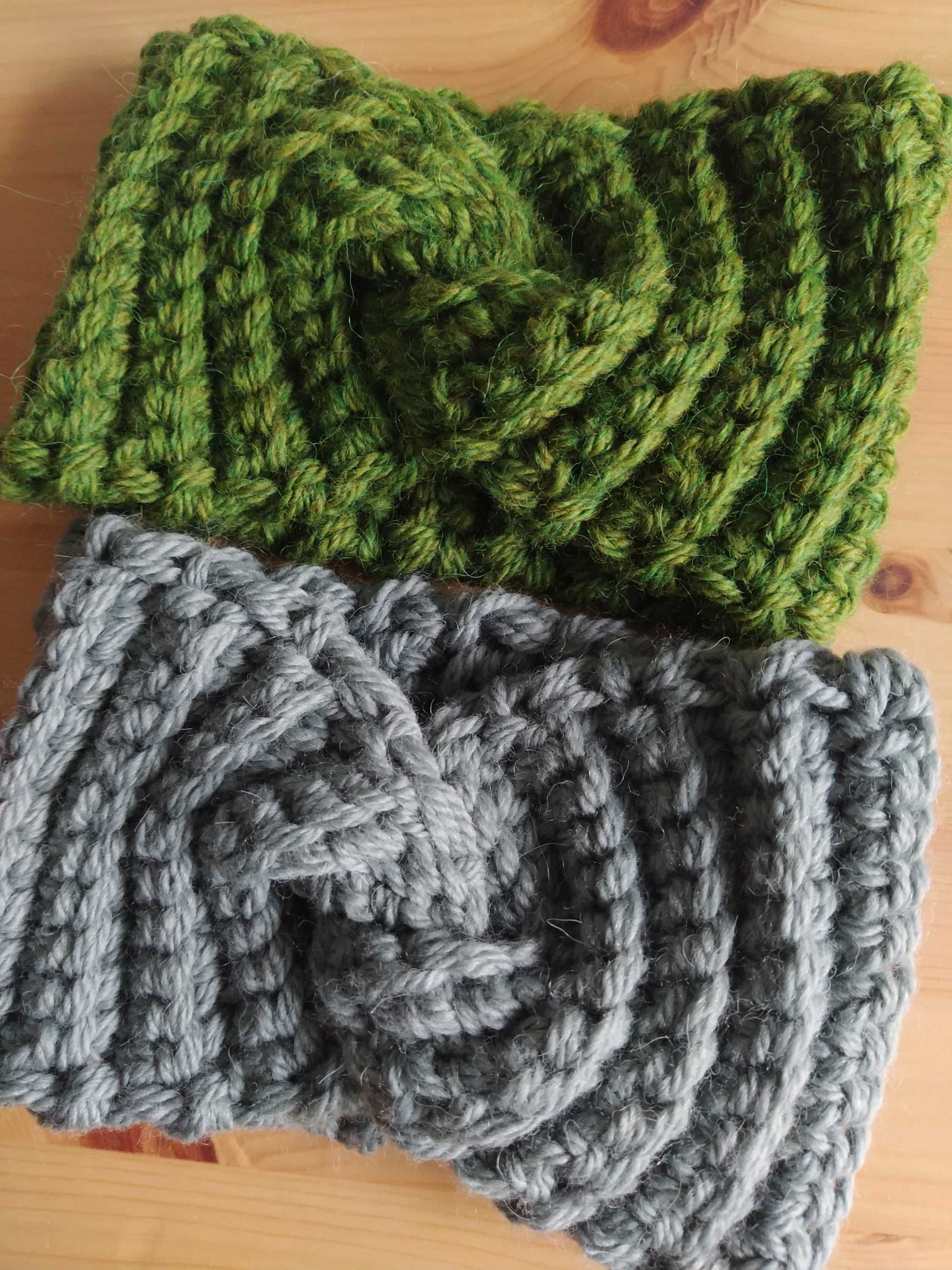 Ręcznie robiona opaska zimowa wełniana ciepła gruba handmade zielona