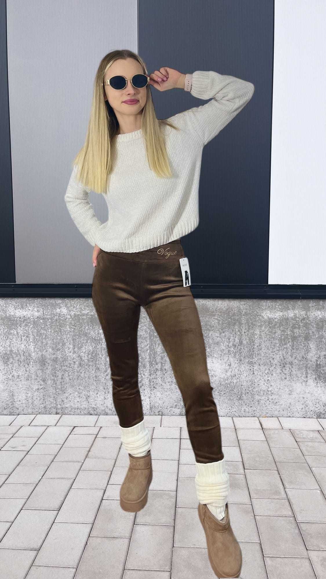 Grube ocieplane legginsy zimowe Vogue - czekoladowe wysoki stan S/M