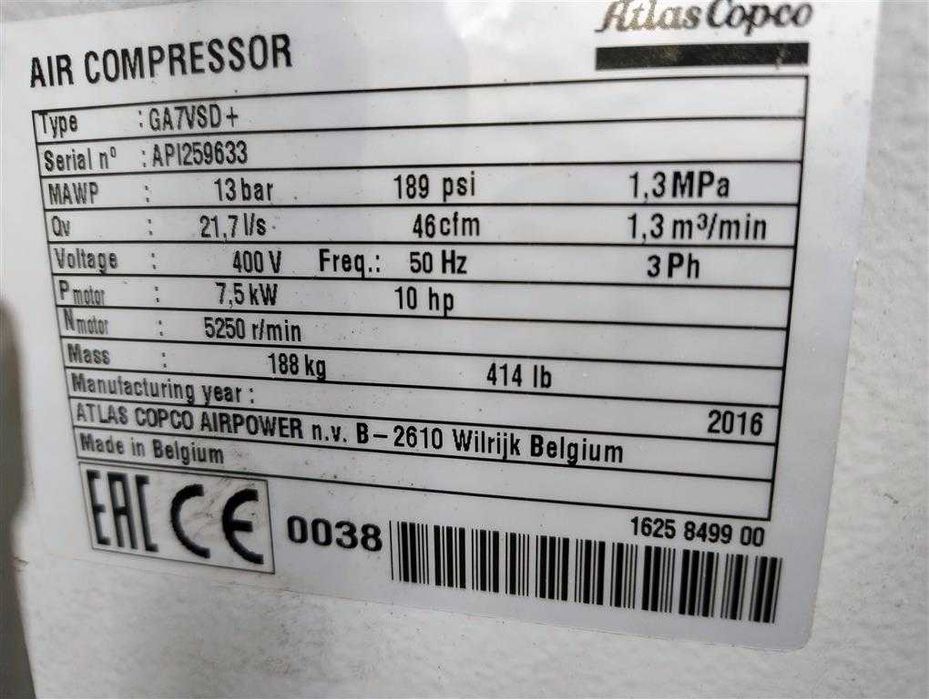 Sprężarka śrubowa Atlas Copco Ga7 VSD PLUS,7,5 KW,S016048