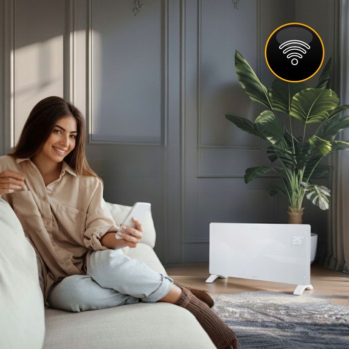 Grzejnik elektryczny szklany konwektorowy Glow 2500W LED WiFi biały fv