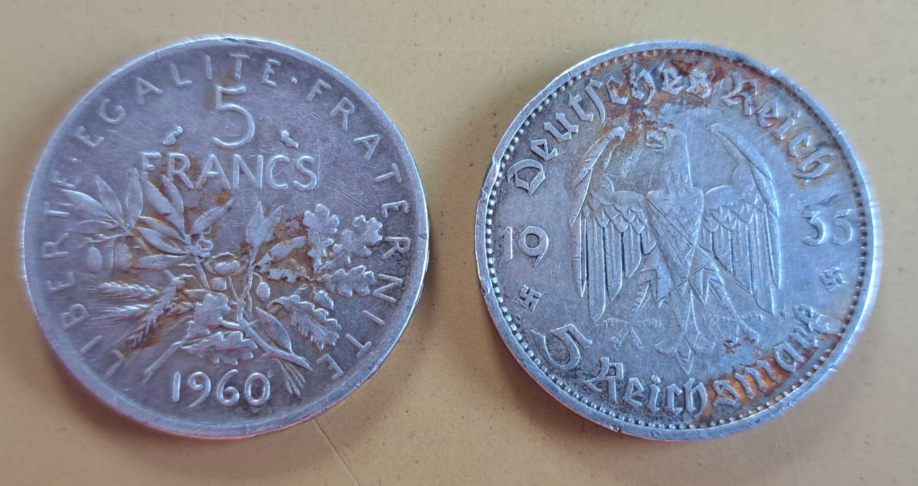Monety stare różne srebrne 5 Marek 1935, 5  Franków 1960 i inne