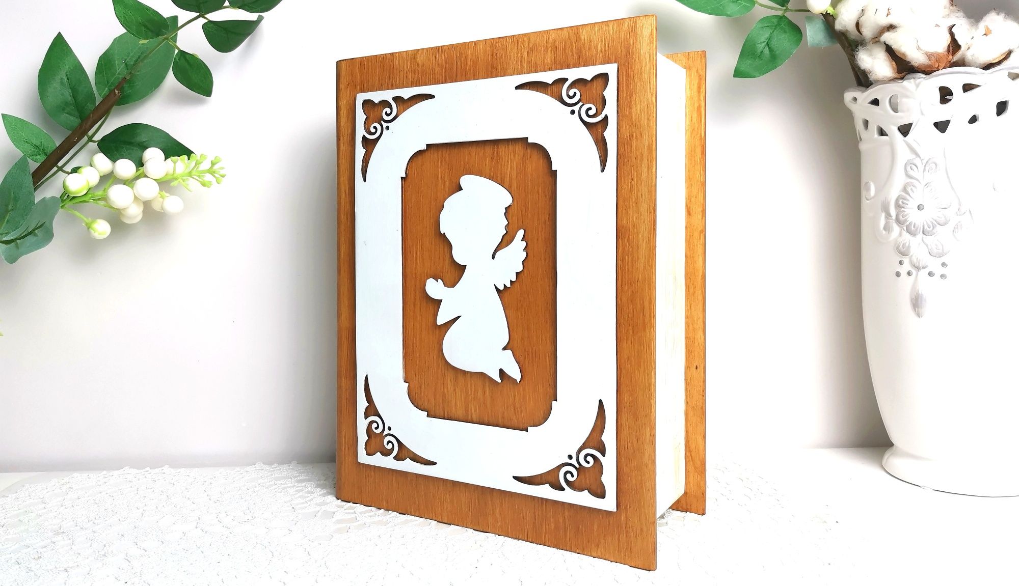 Pamiątka Pierwszej Komunii Św. Biblia pudełko drewno księga handmade