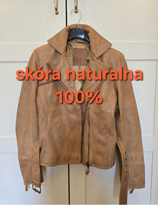 Kurtka ramoneska S Stradivarius camel skóra 100%