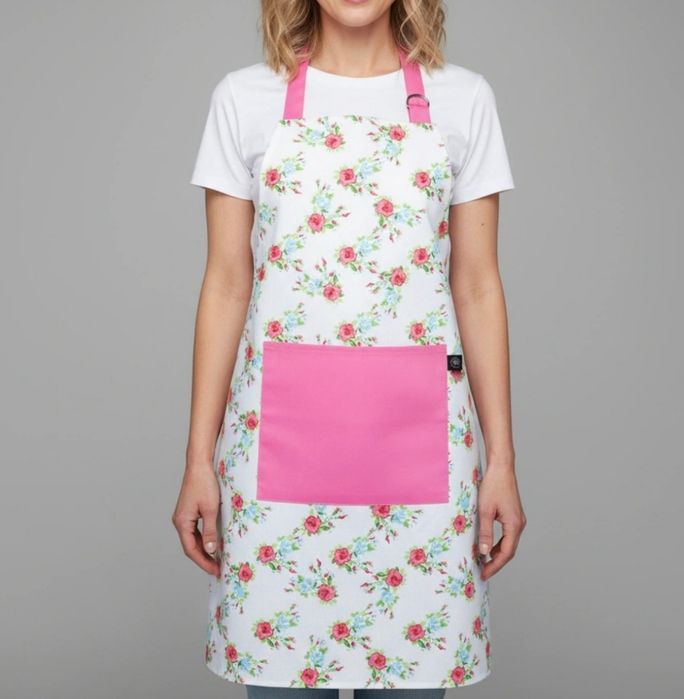 Nowy baweonianu Fartuch kuchenny Biały w  różyczki z różowa kieszonką