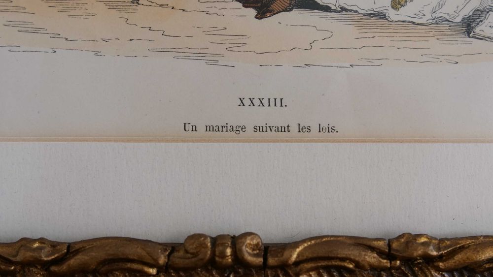 Gravura satírica francesa emoldurada - "Un mariage suivant le lois"