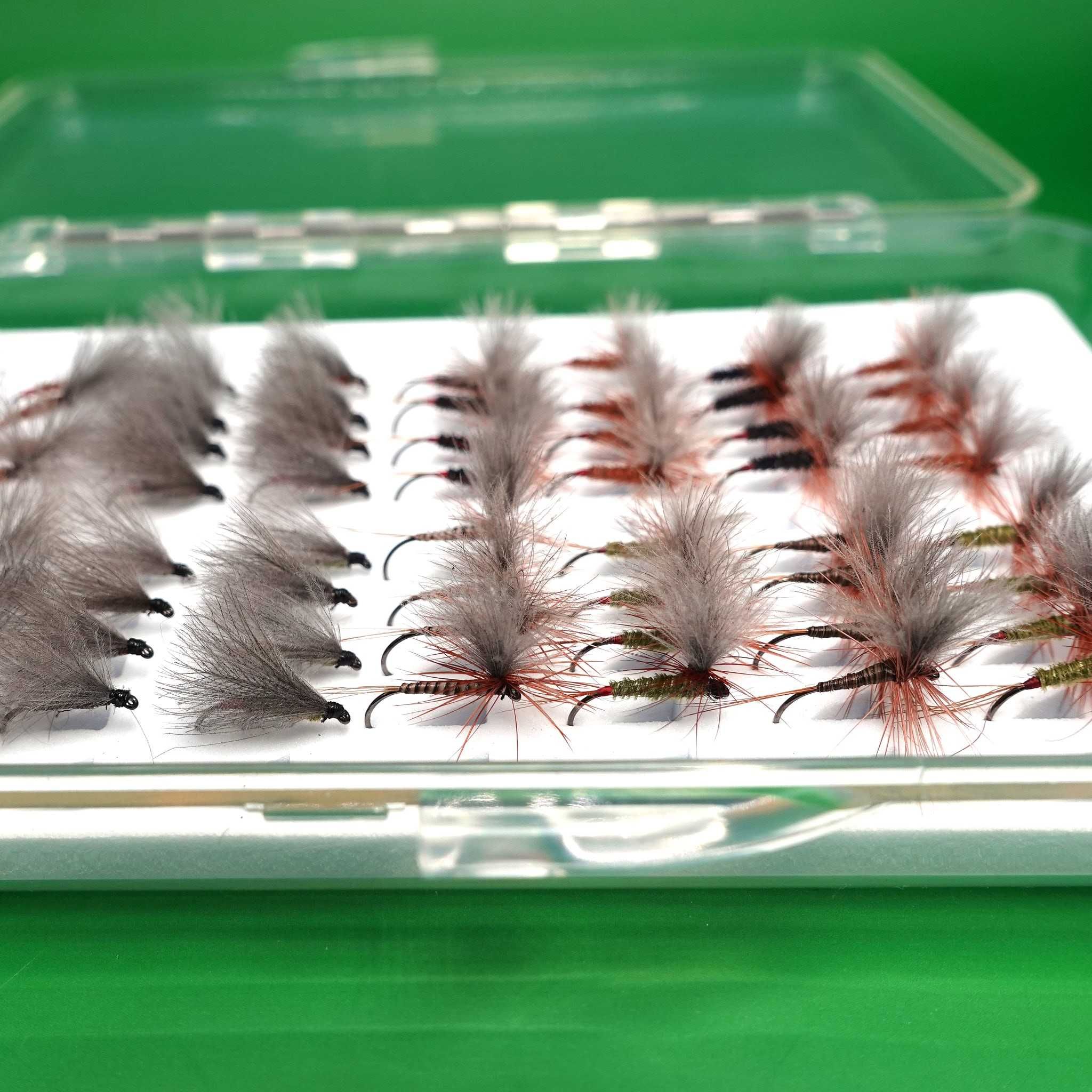 Zestaw 64 Sztucznych Suchych Much w  CDC Pudełku Vision in Fly Fishing