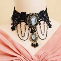 Choker Kolia gotycka handmade goth kamea dama kameliowa koronka czarna